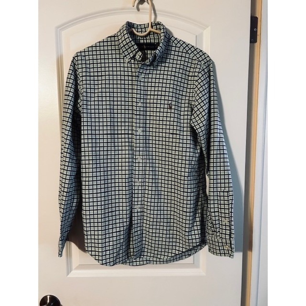 Men's Ralph Lauren Buttoned Down Shirt with Checkers in Blue, Green and White
